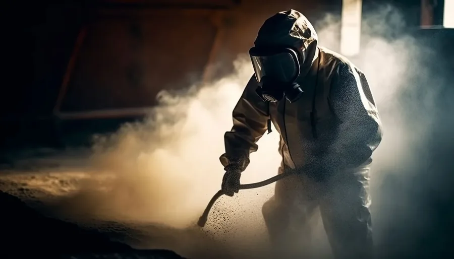 Worker spraying protective coating in full respirator gear